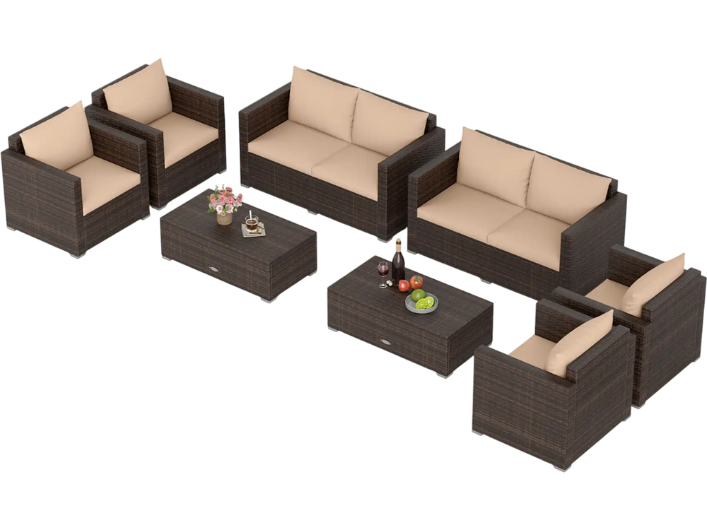 8-piece patio rattan conversation set in brown with padded cushions, perfect for outdoor relaxation on balconies or gardens.
