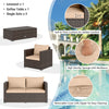 Patio rattan conversation set featuring a loveseat, coffee table, and padded cushions for outdoor relaxation.