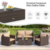 Brown rattan coffee table with tempered glass surface, part of an 8-piece patio conversation set for outdoor relaxation.