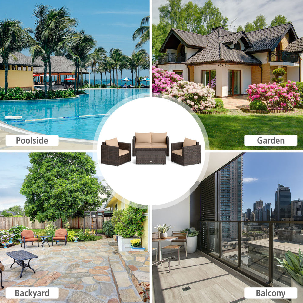 8-piece patio rattan conversation set in brown with padded cushions, ideal for outdoor relaxation in various settings.