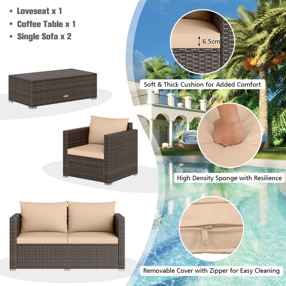 Patio rattan conversation set includes a loveseat, two single sofas, and a coffee table with soft, weather-resistant cushions.