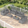 Eight-piece gray patio rattan conversation set with padded cushions, perfect for outdoor relaxation and gatherings.
