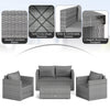 Patio rattan conversation set in gray includes 2 tables, 4 single sofas, and 2 loveseats with padded cushions for outdoor comfort.