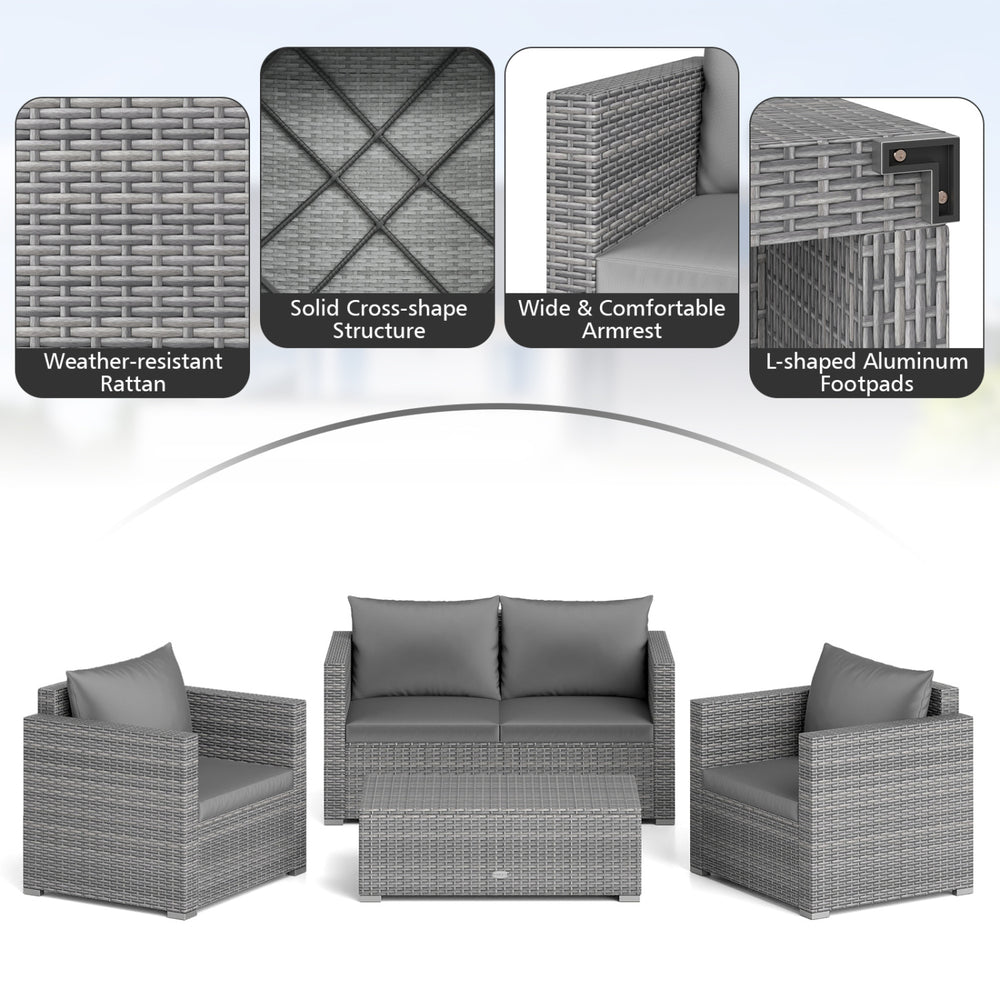 Patio rattan conversation set in gray includes 2 tables, 4 single sofas, and 2 loveseats with padded cushions for outdoor comfort.