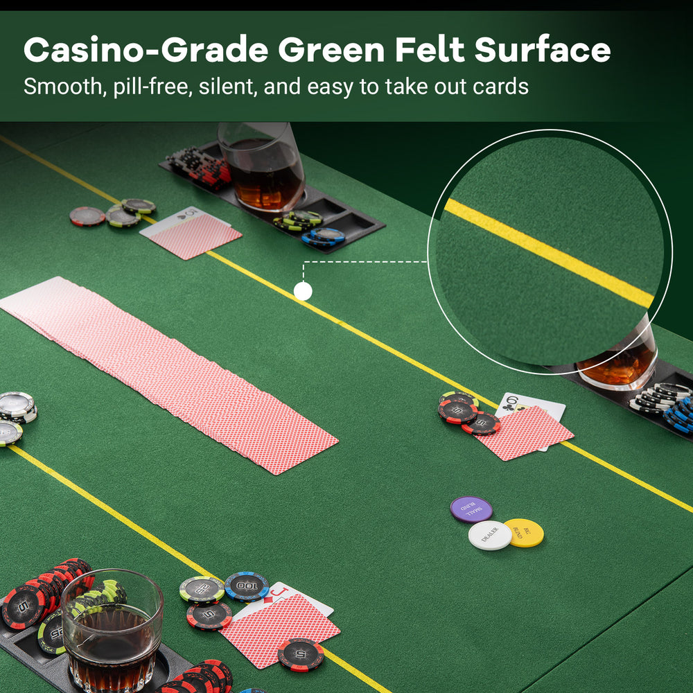 Casino-grade green felt poker table top with cup holders, designed for 8 players, ideal for game rooms and parties.
