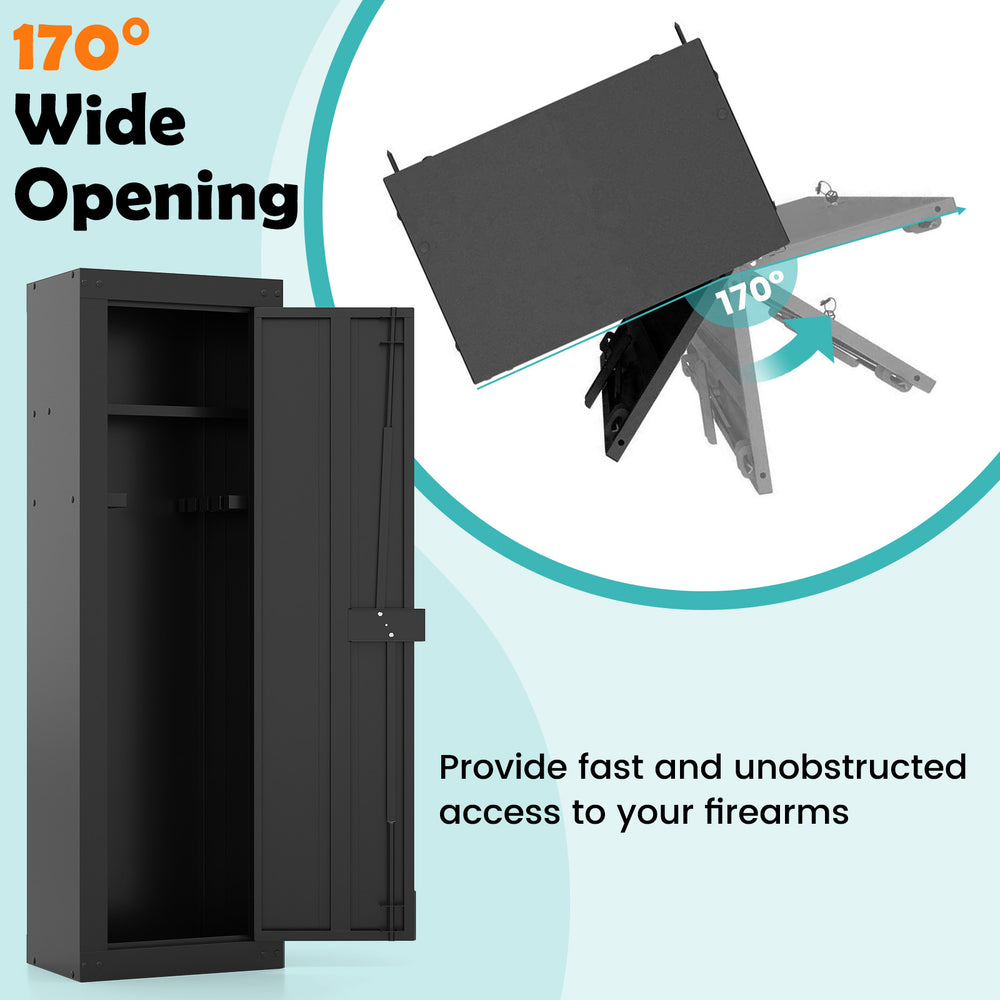 Large black 8 rifle safe with a 170° wide opening, featuring a storage shelf and sturdy cold-rolled steel construction.