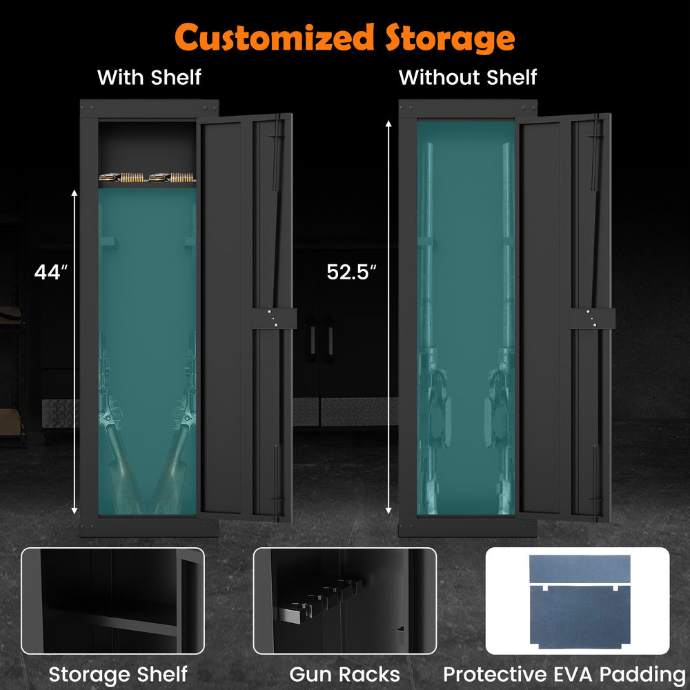 Large black 8 rifle safe with storage shelf, featuring gun racks and protective EVA padding for secure storage.