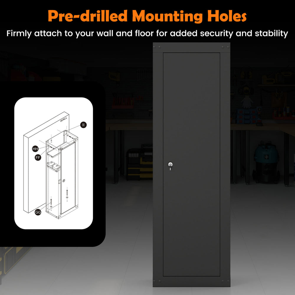 Large black gun cabinet with pre-drilled mounting holes for secure wall and floor attachment, featuring storage shelf.