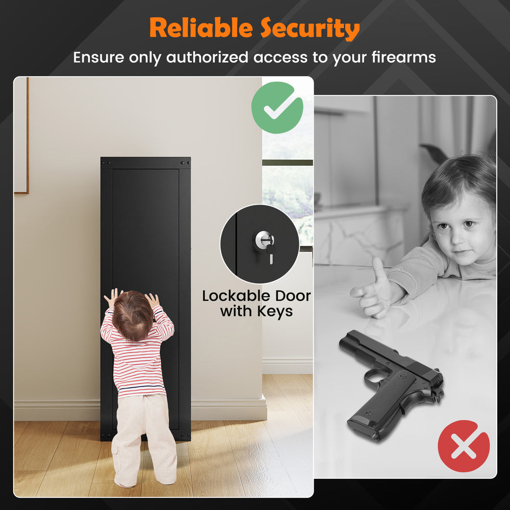 Large black 8 rifle safe with lockable door, featuring storage shelf for rifles, shotguns, and pistols.
