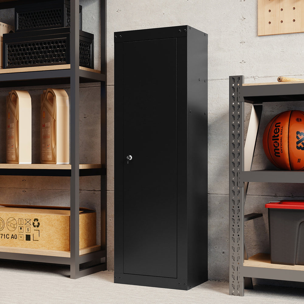 Large black gun cabinet with storage shelf, featuring sturdy cold-rolled steel, for secure firearm storage.