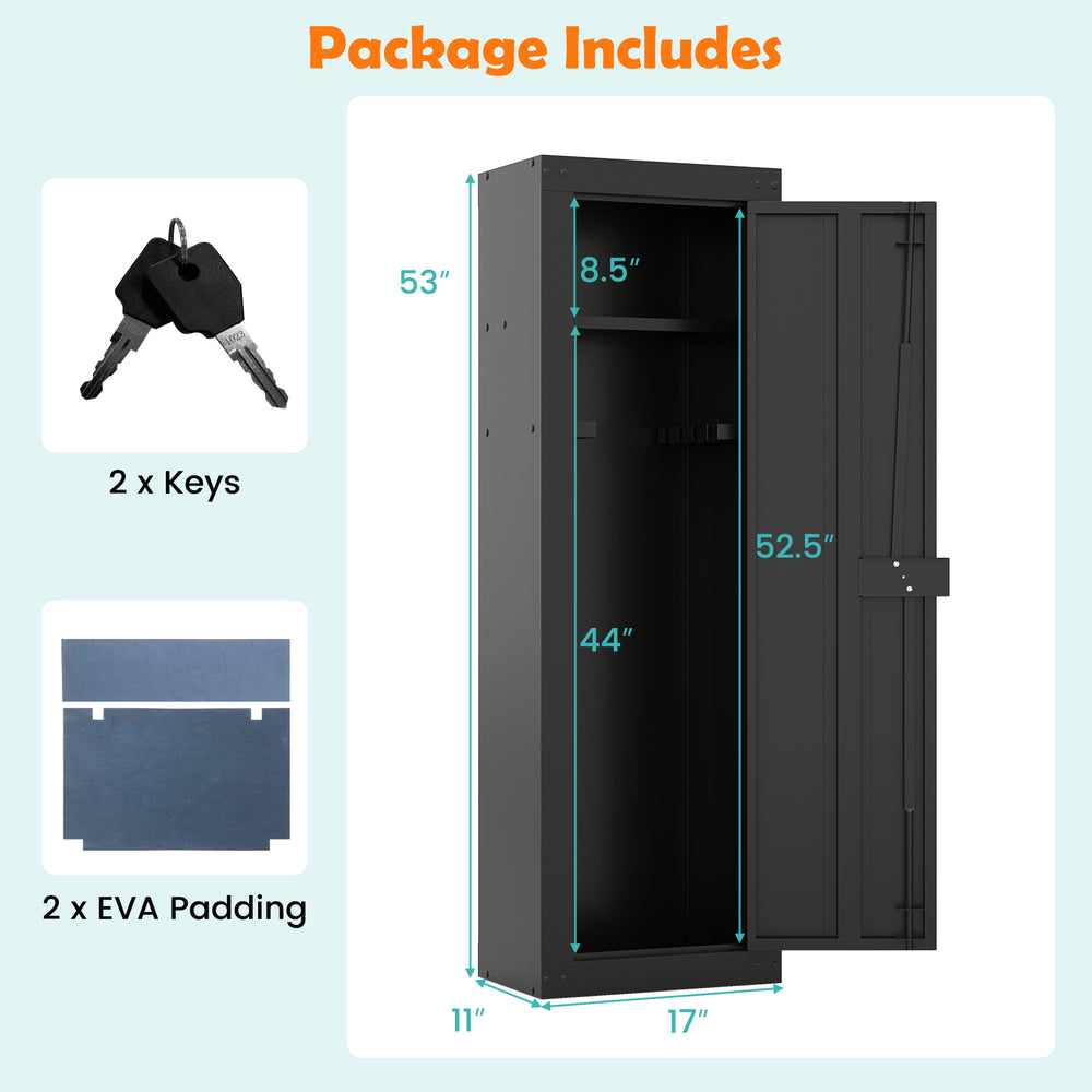 Large black 8 rifle safe cabinet with storage shelf, featuring a sturdy design and locking system for secure firearm.