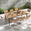 Spacious 79-inch acacia wood outdoor dining table for 8, featuring sturdy construction and a stylish slatted design.