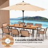 79-inch acacia wood outdoor dining table for 8 with coverable umbrella hole, perfect for backyard gatherings.