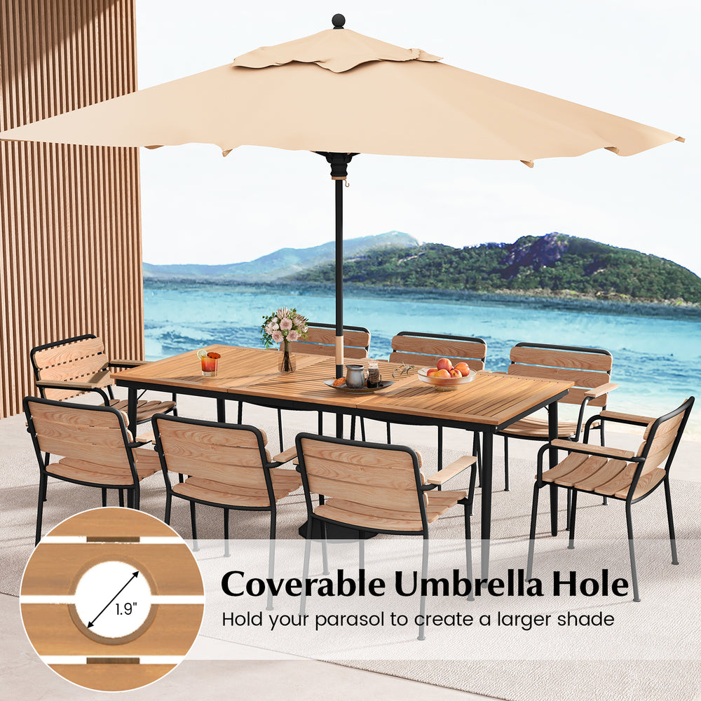79-inch acacia wood outdoor dining table for 8 with coverable umbrella hole, perfect for backyard gatherings.