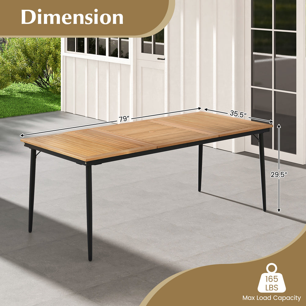 79-inch acacia wood outdoor dining table with slatted top, designed for 8 people, featuring an umbrella hole for shade.