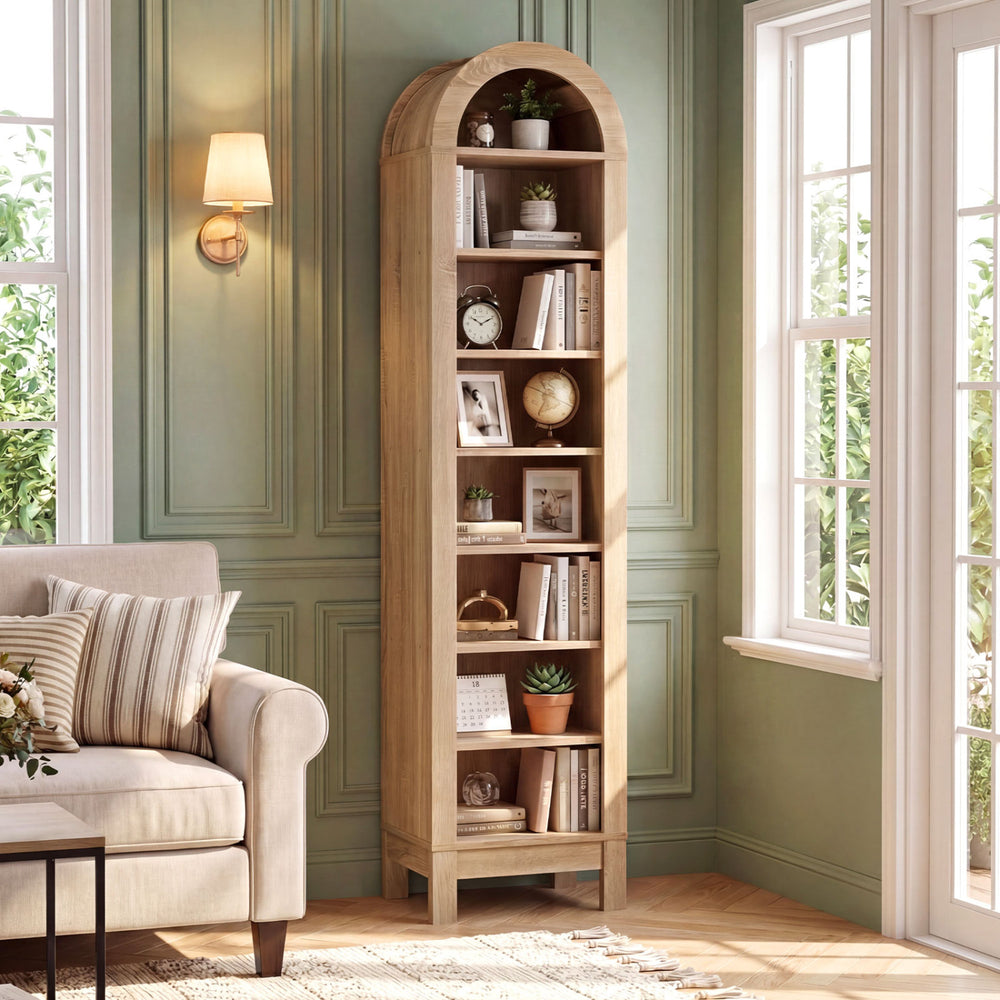 8-tier modern arch bookshelf in natural finish with 3 adjustable shelves, perfect for stylish home organization.