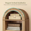 8-tier modern arch bookshelf in natural wood finish with adjustable shelves, perfect for stylish storage and display.