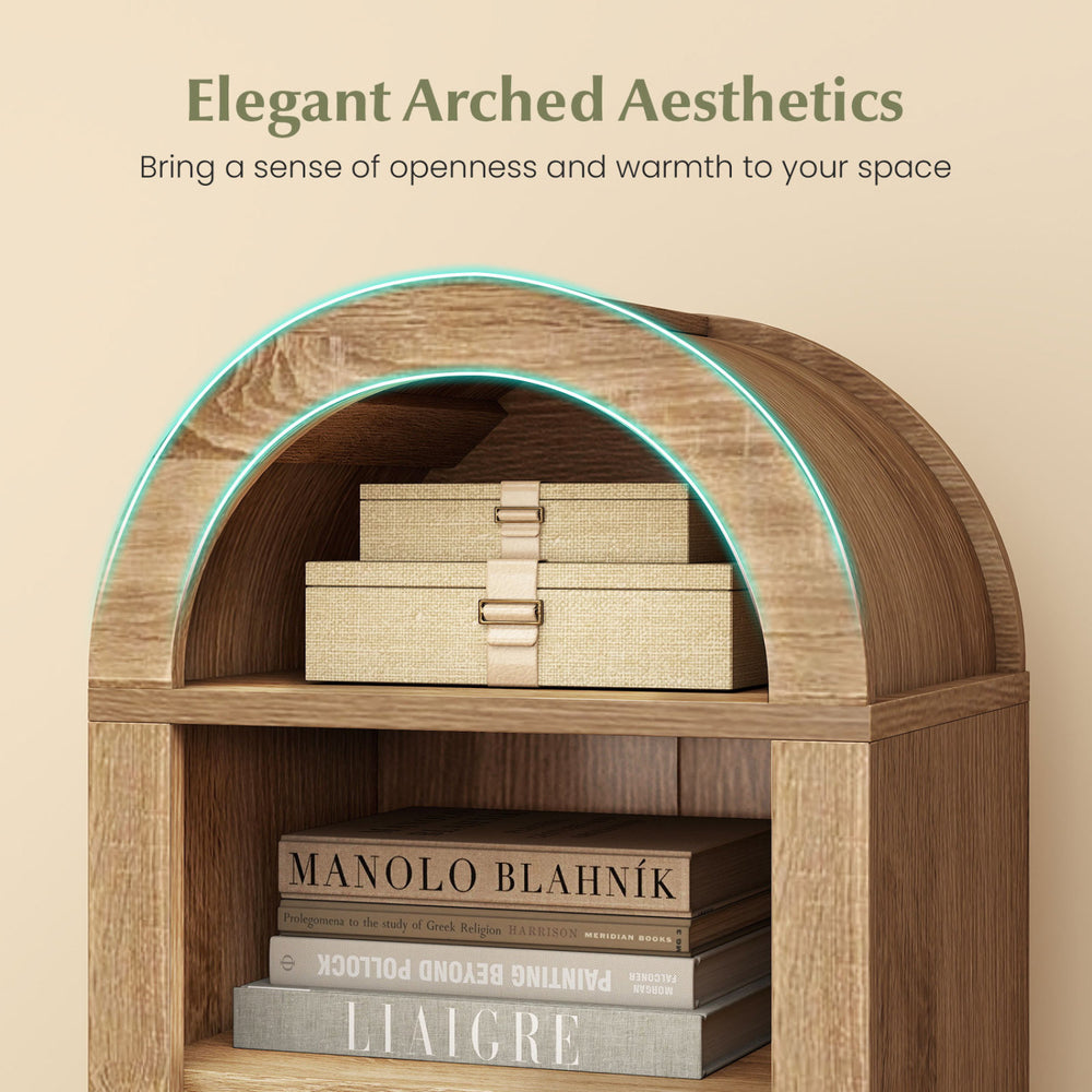 8-tier modern arch bookshelf in natural wood finish with adjustable shelves, perfect for stylish storage and display.