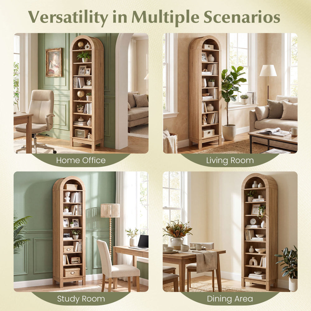 8-tier modern arch bookshelf in natural finish, showcasing versatility in home office, living room, study, and dining.