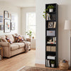 Sleek black 8-tier bookshelf provides versatile storage with 4 adjustable shelves, ideal for maximizing small living spaces.