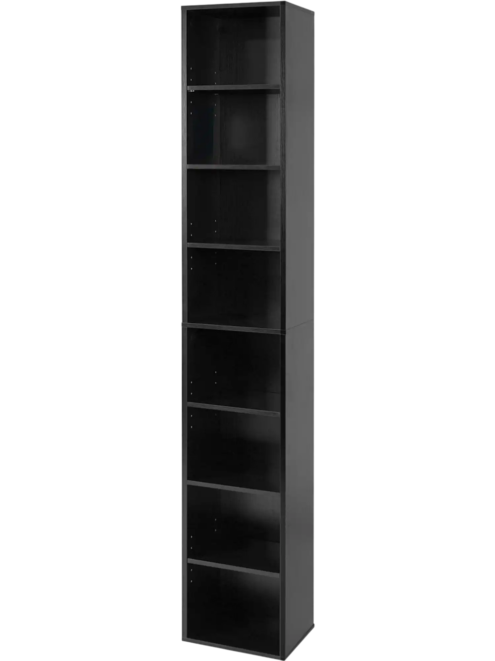 Narrow 8-tier black bookshelf with 4 adjustable shelves and storage cubes, ideal for small spaces and organized storage.