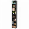 Narrow black 8-tier bookshelf with 4 adjustable shelves and storage cubes, perfect for small spaces and organized storage.