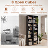 8-tier narrow bookshelf in black with 4 adjustable shelves and 8 open cubes for organized storage in small spaces.