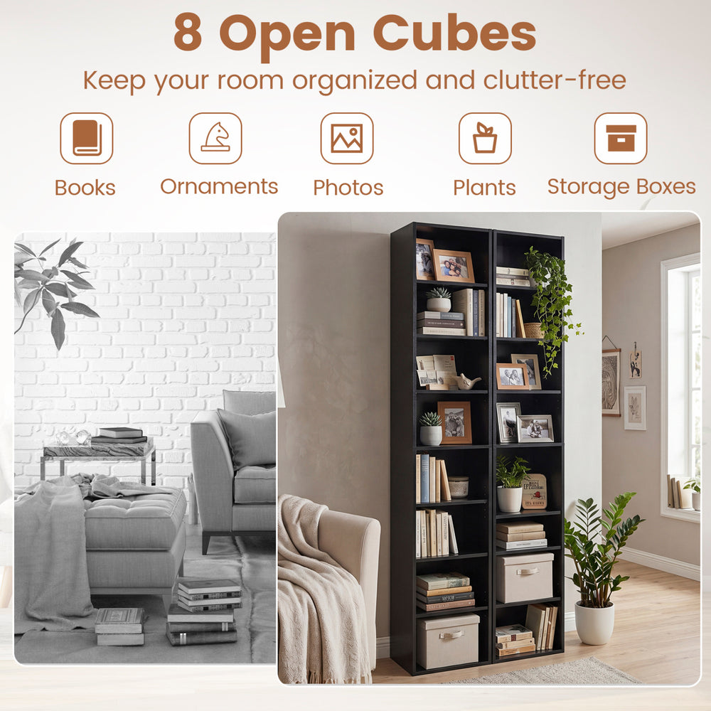 8-tier narrow bookshelf in black with 4 adjustable shelves and 8 open cubes for organized storage in small spaces.