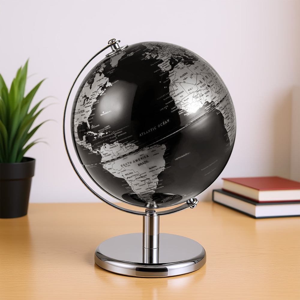 Modern 8" black and silver tabletop globe with detailed geographic features, perfect for home or office decor.