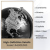 8" modern decorative tabletop globe with polished black and silver finish, showing detailed geographic features for.