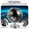 8" modern decorative tabletop globe with 360° rotation, polished black and silver finish, ideal for home or office use.