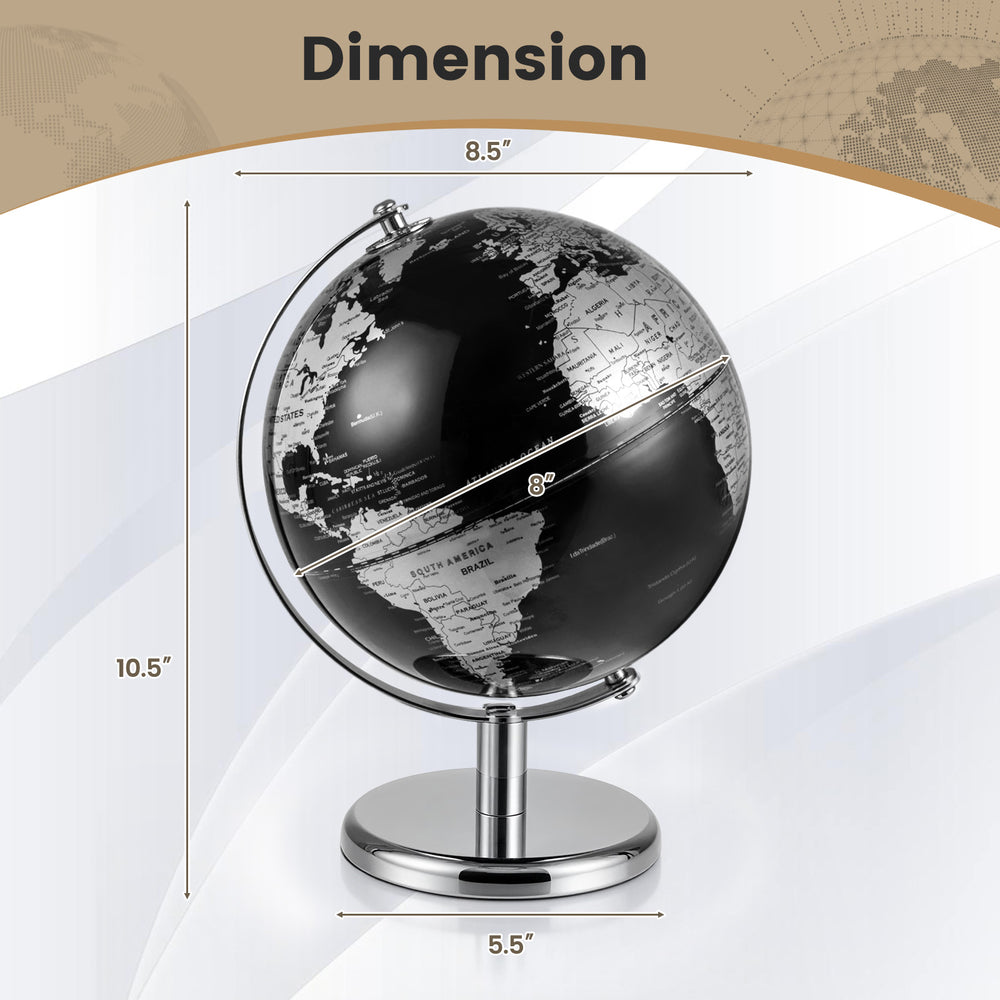 Modern 8" world globe with polished black and silver finish, featuring clear geographic details and 360° rotation for.