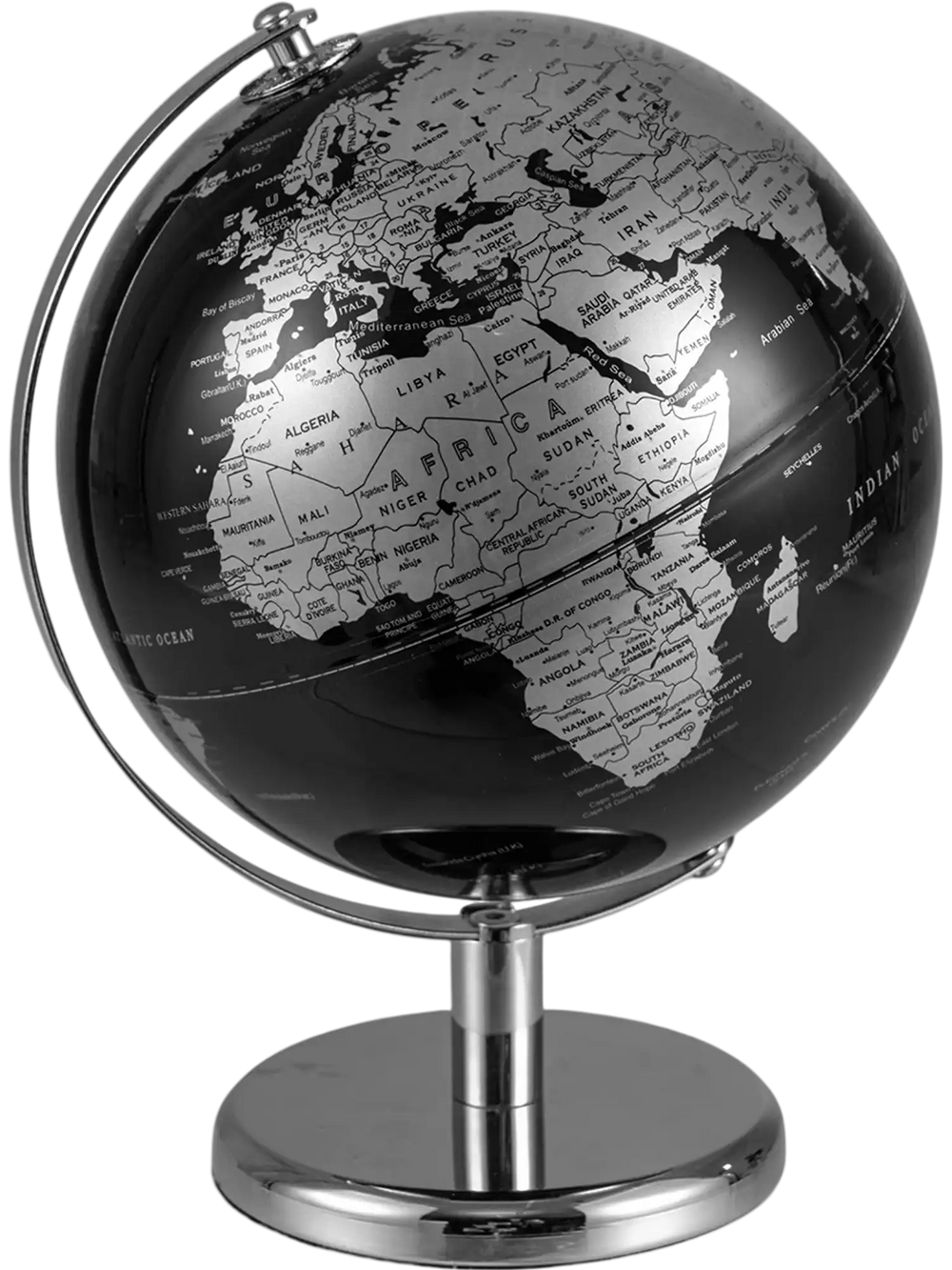 Modern 8" black and silver tabletop globe with 360° rotation, detailed geography, and polished metal base for elegant.