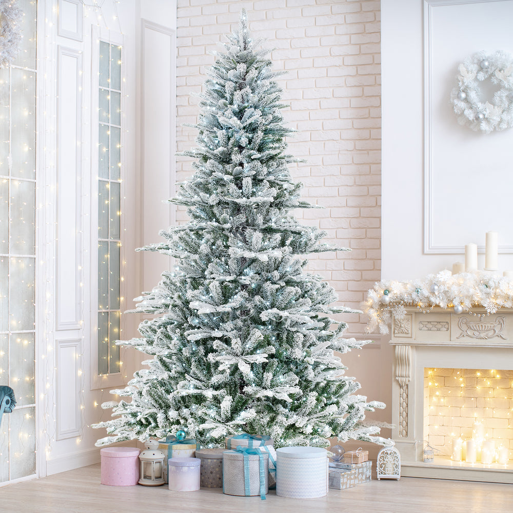 8 Feet Snow Flocked Artificial Christmas Tree with Cool White LED Lights - Gallery View 1 of 10