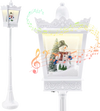 8 ft Musical Christmas streetlight with snowman scene, warm white LED lights, and snowy effects for festive decor.