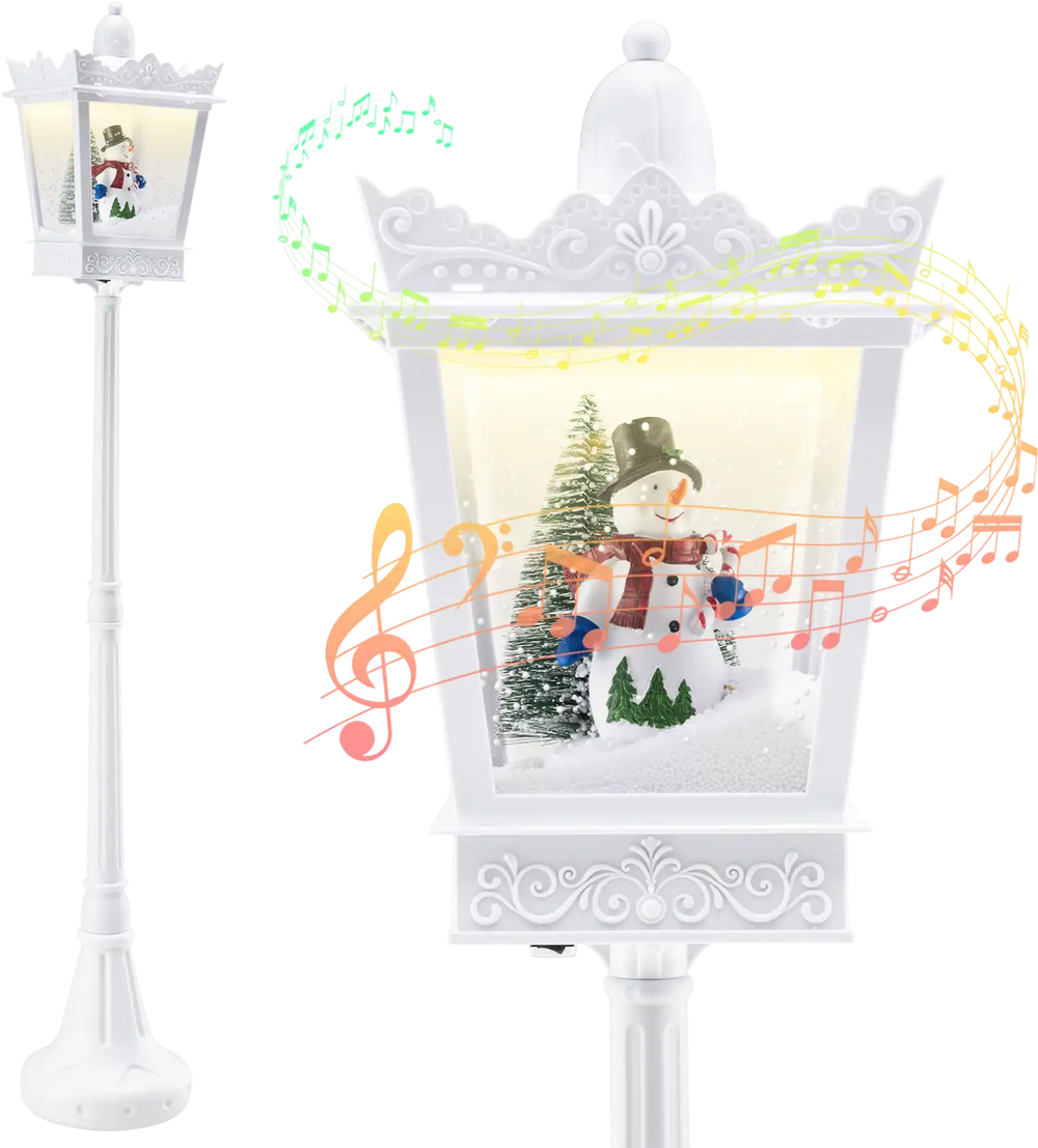 8 ft Musical Christmas streetlight with snowman scene, warm white LED lights, and snowy effects for festive decor.