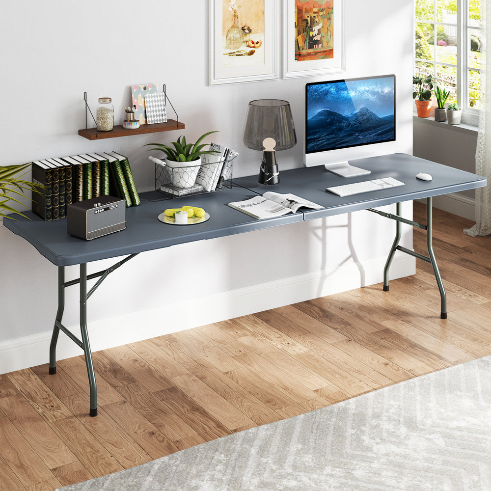 8 ft Portable Folding Table 350 LBS Fold-in-Half Table with HDPE Tabletop-Gray - Gallery View 1 of 10