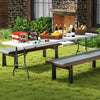 8 ft portable folding table with white HDPE tabletop, set up for outdoor use, ideal for picnics and gatherings.