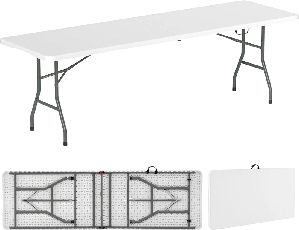 8 ft portable folding table with HDPE tabletop, honeycomb construction, and 350 lbs capacity for versatile indoor and.
