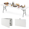 8 ft portable folding table with HDPE tabletop, ideal for outdoor use, featuring a fold-in-half design for easy.