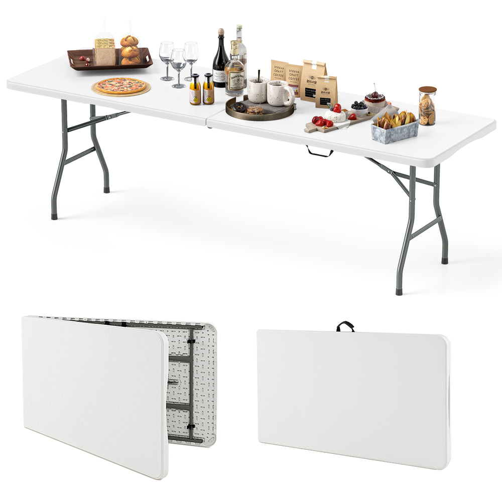 8 ft portable folding table with HDPE tabletop, ideal for outdoor use, featuring a fold-in-half design for easy.