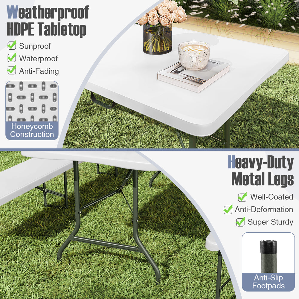 8 ft portable folding table with weatherproof HDPE tabletop and heavy-duty metal legs, ideal for outdoor picnics and.