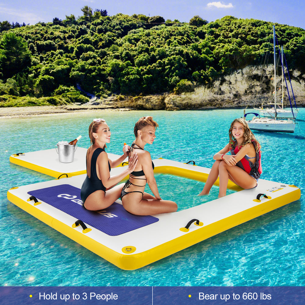 Inflatable 8 ft x 8 ft dock platform with mesh lounge, holds 3 people, waterproof PVC, ideal for sunbathing and.