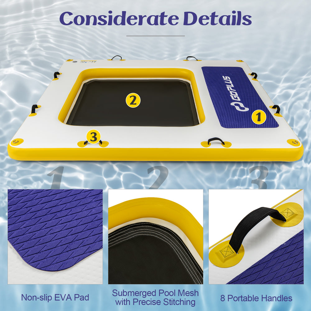 Close-up of the non-slip EVA pad and precise stitching on the 8 ft x 8 ft inflatable dock platform for safe lounging.