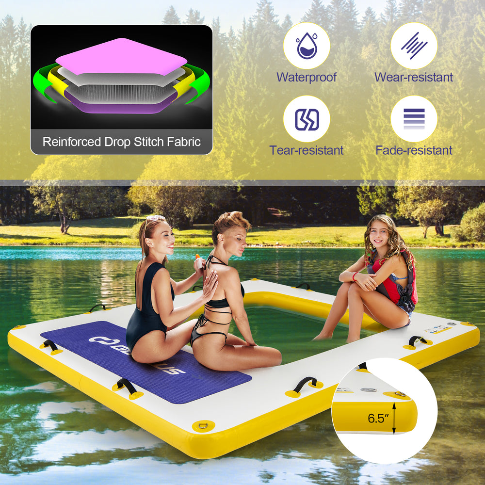 Inflatable dock platform measuring 8 ft x 8 ft, waterproof and tear-resistant, perfect for lounging on lakes or pools.