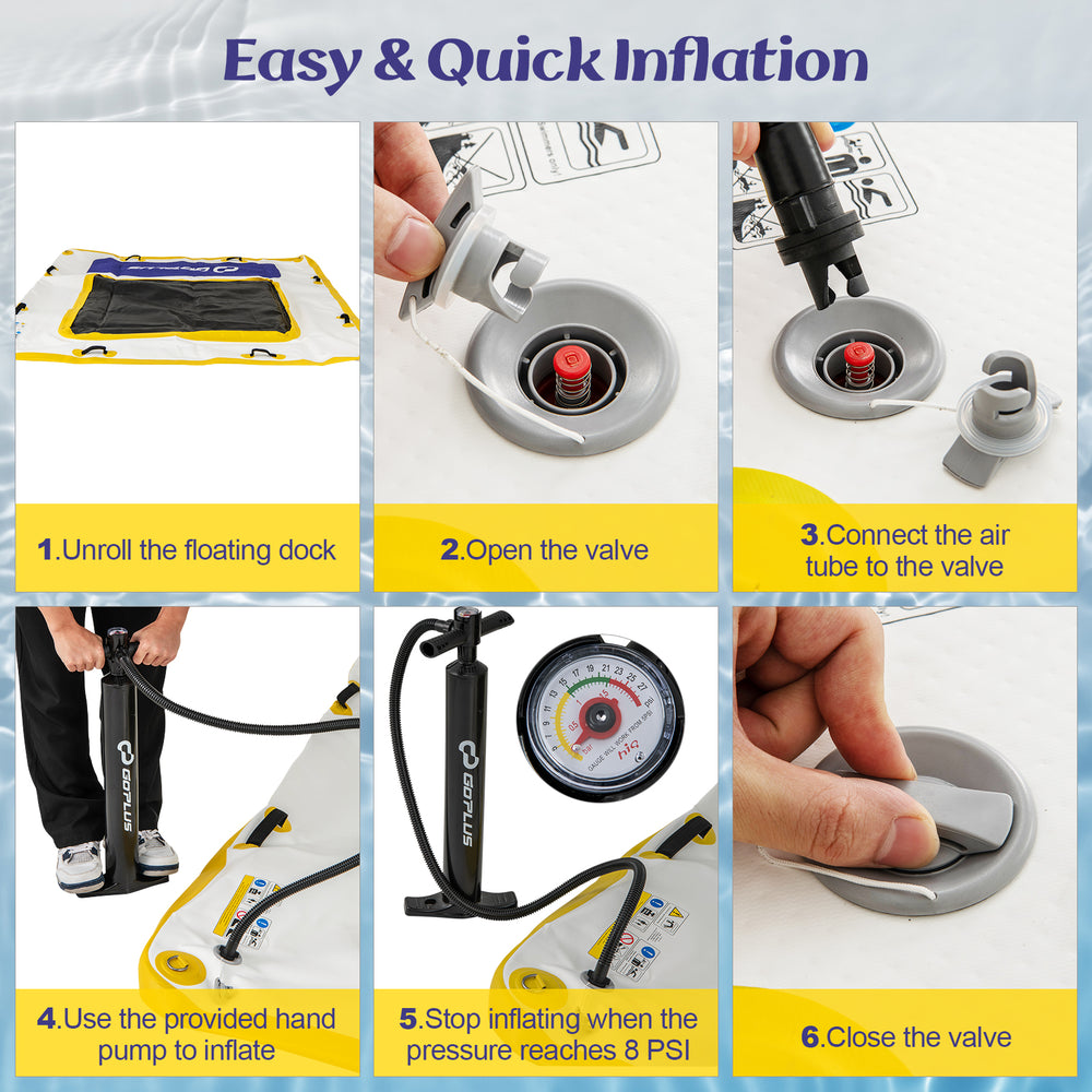 Step-by-step guide for inflating the 8 ft x 8 ft inflatable dock platform using the included hand pump.