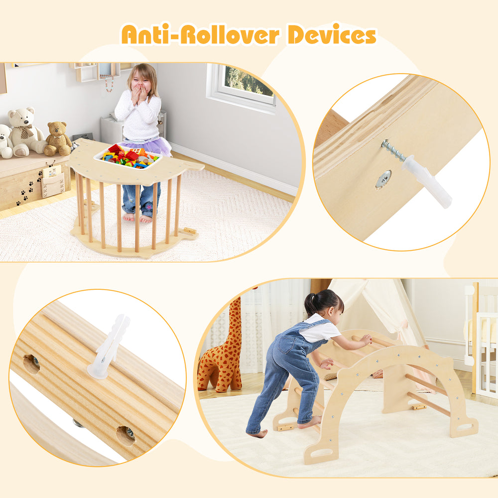 Anti-rollover devices for the 8-in-1 climbing arch sensory table, enhancing stability for safe play and exploration.