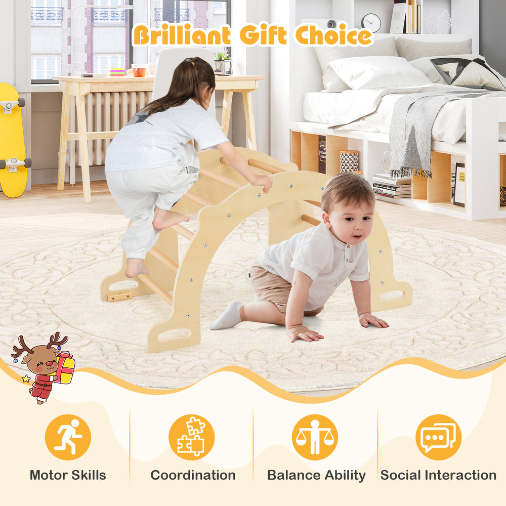 Kids playing on the 8-in-1 climbing arch made of solid beech wood, enhancing motor skills and balance for ages 3+.