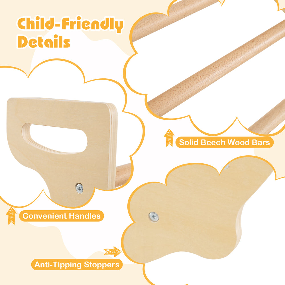 Child-friendly climbing arch features solid beech wood bars, convenient handles, and anti-tipping stoppers for safety.