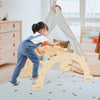 Child climbing on the 8-in-1 natural beech wood climbing arch sensory table, promoting motor skills and balance.
